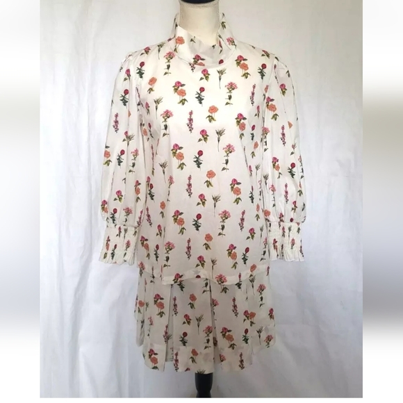 New Buru Designer Floral Bouquet Smocked Waist Mini Skirt Blouse Set Small - Picture 2 of 9